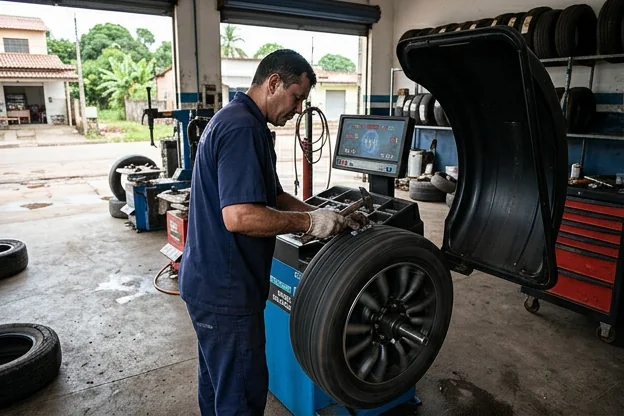 Profissional realizando balanceamento de rodas com equipamento especializado.