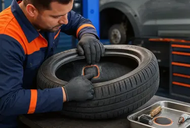 Profissional realizando o conserto de um pneu em uma borracharia.