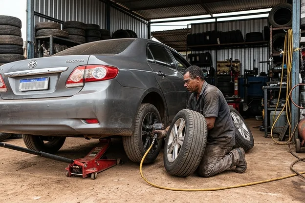 Profissional realizando rodízio de pneus com atenção aos detalhes.