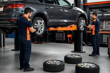 Profissional realizando rodízio de pneus em uma borracharia.