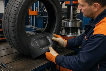 Profissional realizando vulcanização de um pneu em uma borracharia.